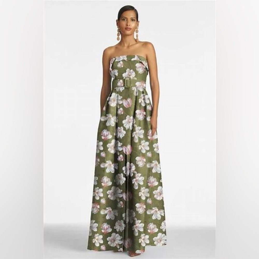 Sachin + Babi Olive Green Strapless Floral Evening Gown